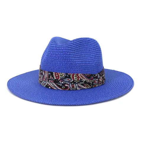 Unisex Outdoor Travel Straw Hat Fedora Sun Protection Beach Woven Hat With Paisley Ribbon Summer Fashion Headwear