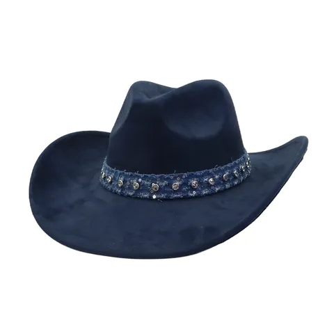 Unisex Vintage Suede Cowboy Hat Wide Brim Fedora Hat With Rhinestone Denim Band Outdoor Travel Sun Hat