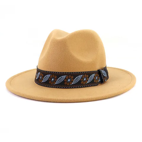 Ethnic Style Wide Brim Fedora Hat Unisex Wool Felt Jazz Cap Vintage Ethnic Ribbon Panama Hat Outdoor Sun Hat