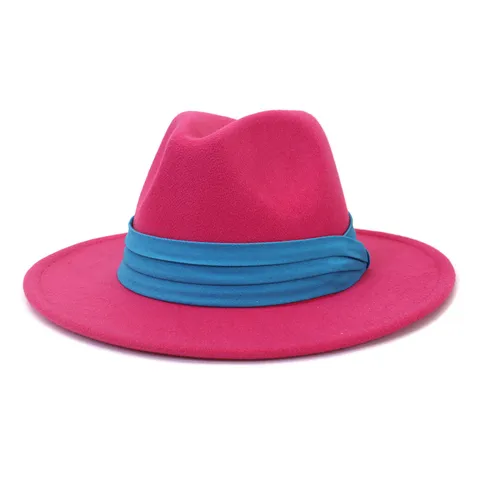 Classic Woolen Fedora Hat Flat Wide Brim Jazz Hat with Blue Ribbon Fall Winter Fashion Elegant Cap