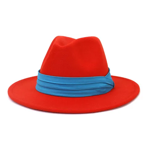 Classic Woolen Fedora Hat Flat Wide Brim Jazz Hat with Blue Ribbon Fall Winter Fashion Elegant Cap
