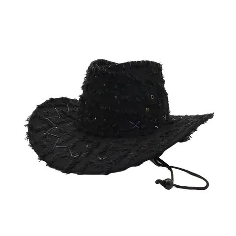 Distressed Plaid Western Cowboy Hat Vintage Frayed Denim Sun Hat With Drawstring For Men And Women Outdoor