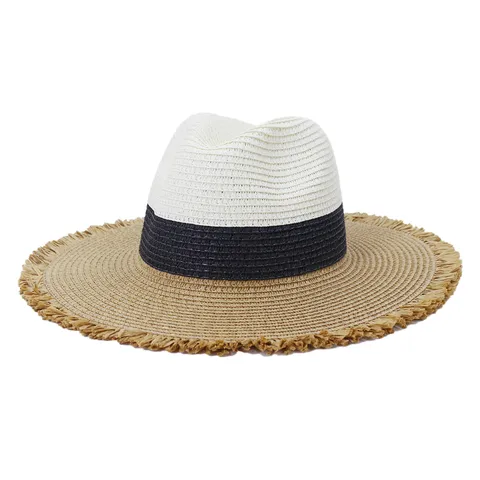 Women Men Fedora Straw Hat Summer Outdoor Travel Sun Protection Wide Brim Frayed Edge Color Block Beach Panama Hat