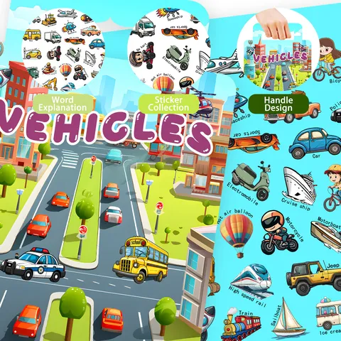 Kids Reusable Jelly Sticker Book Transportation Theme Early Educational Toy TPE Waterproof Sticker Play Set