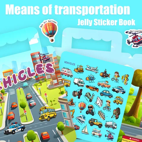 Kids Reusable Jelly Sticker Book Transportation Theme Early Educational Toy TPE Waterproof Sticker Play Set