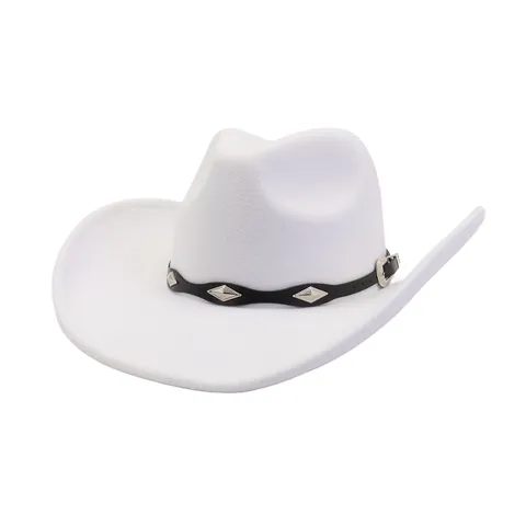 Chapeau de Cowboy Western Homme Femme Fedora Feutre Large Bord Vintage Rétro Chapeau Jazz avec Rivet Métallique Ceinture en Cuir