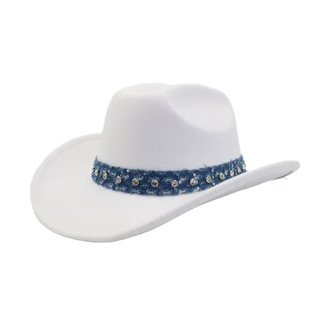 Unisex Western Cowboy Hat Vintage Felt Jazz Hat With Denim Band Rhinestone Fringe Fashion Fedora Hat For Outdoor Party