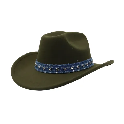 Unisex Western Cowboy Hat Vintage Felt Jazz Hat With Denim Band Rhinestone Fringe Fashion Fedora Hat For Outdoor Party