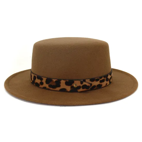 Sombrero Fedora de Ala Ancha Plano de Lana para Mujer Sombrero de Panamá de Fieltro con Cinturón de Leopardo Moda Vintage Gorro de Invierno