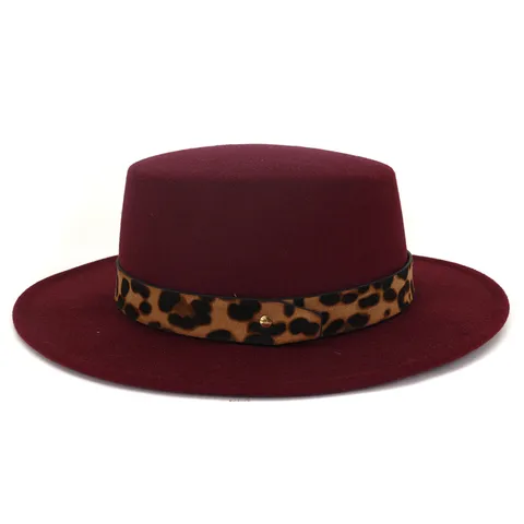 Sombrero Fedora de Ala Ancha Plano de Lana para Mujer Sombrero de Panamá de Fieltro con Cinturón de Leopardo Moda Vintage Gorro de Invierno