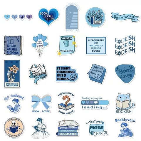 Ins Style Blue Series Waterproof Stickers Aesthetic Bookish Reading Theme Decals For Laptop Phone Water Bottle DIY Decoration