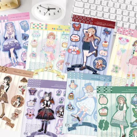 Cute Anime Girl Puzzle Stickers Set 8 Sheets Decorative DIY Stationery Sticker For Phone Case Journal Scrapbooking