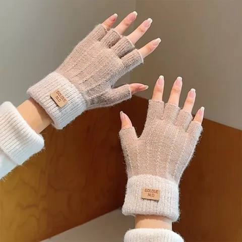 Gants Tricotés Demi-Doigts en Acrylique Thermique d'Hiver Tactiles Antidérapants Sans Doigts Pour Étudiants Écrivant