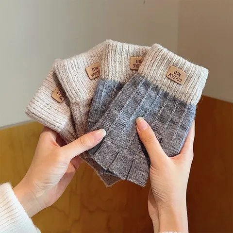 Gants Tricotés Demi-Doigts en Acrylique Thermique d'Hiver Tactiles Antidérapants Sans Doigts Pour Étudiants Écrivant