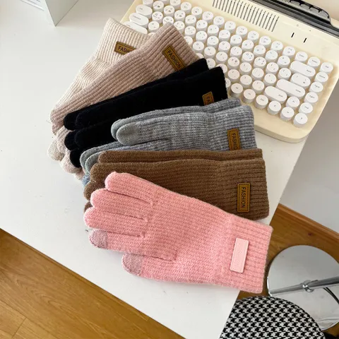 Gants Tricotés Chauds D'Hiver Pour Femmes Écran Tactile Acrylique Protection Contre Le Froid Épais Gants Cinq Doigts Mode Vêtements Extérieurs