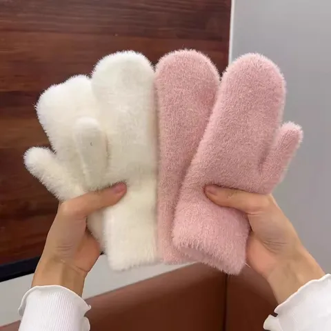 Femmes Hiver Épaissi Chaud Peluche Couleur Unie Mitaines Étudiant Mode Casual Cyclisme Protection Contre le Froid Gants Thermiques