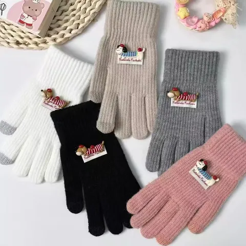 Gants Tricotés Chauds en Peluche Épaisse d'Hiver Gants Tactiles Chiot Mignon Dessin Animé Femmes Décontracté Minimaliste Polyester Gants