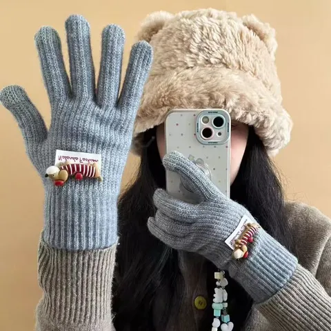 Gants Tricotés Chauds en Peluche Épaisse d'Hiver Gants Tactiles Chiot Mignon Dessin Animé Femmes Décontracté Minimaliste Polyester Gants