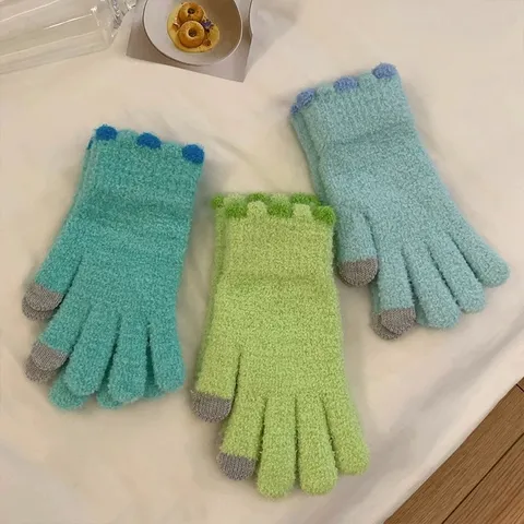 Gants Tactiles Chauds d'Hiver pour Femmes Jolie Couleur Macaron Polaire Corail Épaisse Gants Tricotés Coupe-Vent