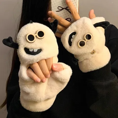 Cute Cartoon Monster Plush Half Finger Gloves Winter Warm Thick Flip Cover Fingerless Mittens For Women Students
