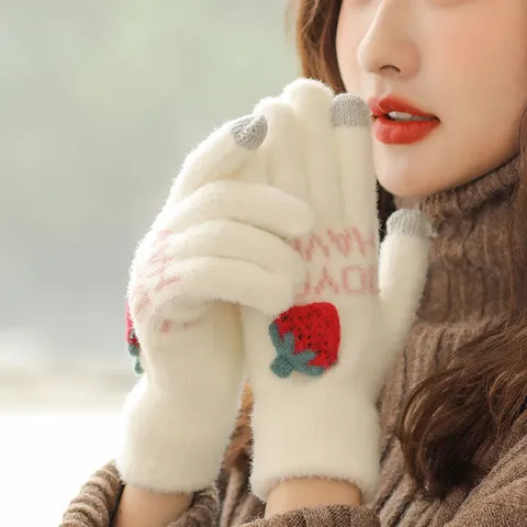 Gants Tactiles Tricotés Chauds d'Hiver pour Femmes Jolie Broderie de Fraise Doublure Polaire Mitaines Thermiques Temps Froid