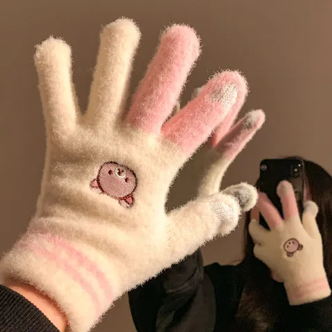 Women Winter Warm Knit Gloves Cute Bear Embroidery Touch Screen Full Finger Mittens Cold Weather Thermal Gear