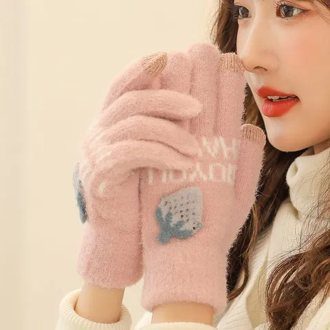Gants Tactiles Tricotés Chauds d'Hiver pour Femmes Jolie Broderie de Fraise Doublure Polaire Mitaines Thermiques Temps Froid