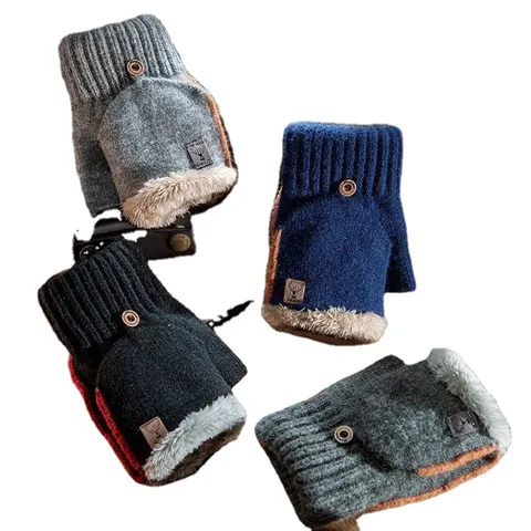 Hommes Hiver Chaud Thermique Tricoté Gants Épaissis Plus Veloures Demi-Doigt Rabat Temps Froid Conduite Mitaines