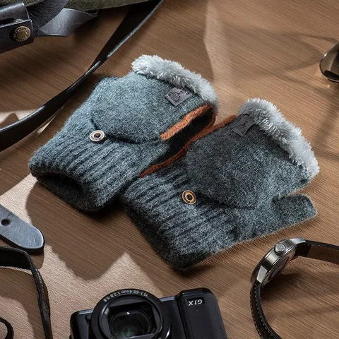 Hommes Hiver Chaud Thermique Tricoté Gants Épaissis Plus Veloures Demi-Doigt Rabat Temps Froid Conduite Mitaines