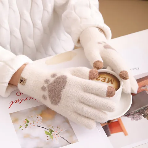 Gants d'Hiver pour Femmes Chauds Épais Tricotés Tactiles Mignon Design Patte de Chat Gants Thermiques Doux pour Dames
