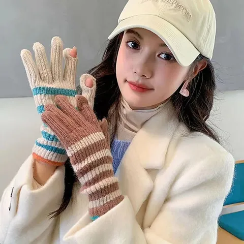 Gants Tricotés Chauds d'Hiver pour Femmes Rayés Sans Doigts Tactiles Gants Thermiques Style Coréen de Mode