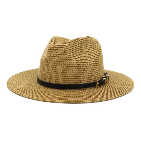 Womens Straw Fedora Hat British Style Jazz Sun Hat Summer Beach Panama Hat With Leather Belt And Metal Buckle