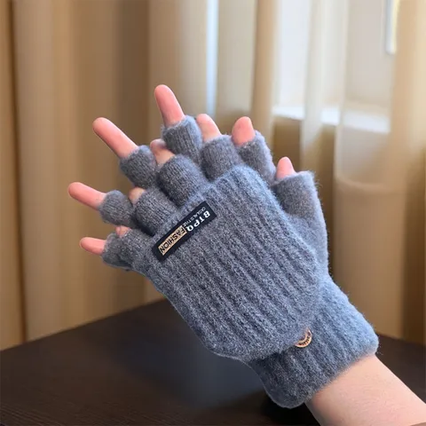 Hommes Hiver Chaud Demi-Doigt Rabattable Gants Imitation Cachemire Tricoté Convertible Mittens Casual Minimaliste
