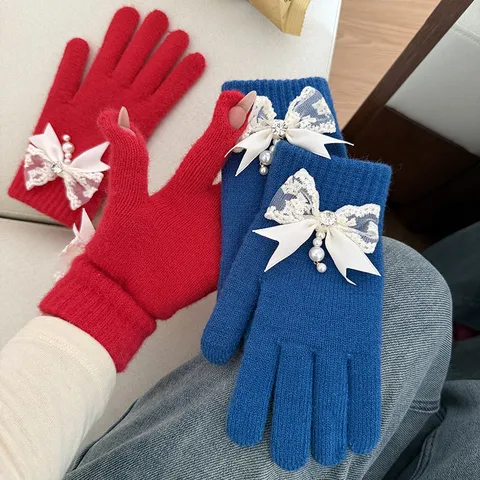 Gants en Tricot Doublés Polaires Chauds d'Hiver pour Femmes Gants à Cinq Doigts Écran Tactile Avec Nœud Perle Strass Décoration