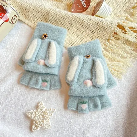 Women Winter Warm Half Finger Flip Top Gloves Cute Rabbit Ears Mink Fur Knit Mittens Casual Daily Cold Weather Wear