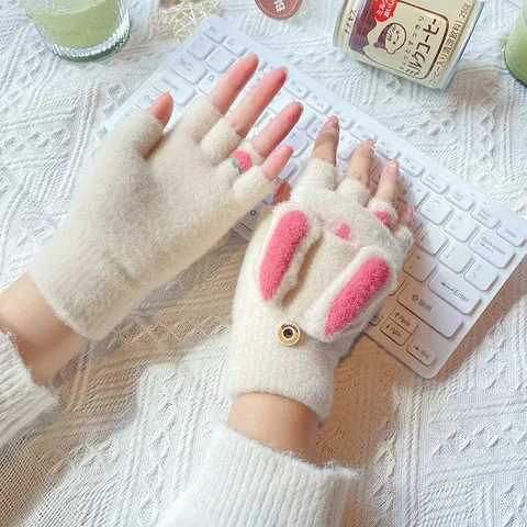Women Winter Warm Half Finger Flip Top Gloves Cute Rabbit Ears Mink Fur Knit Mittens Casual Daily Cold Weather Wear