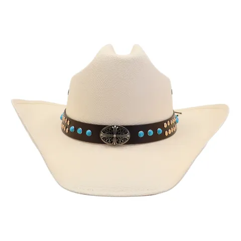 Sombrero de Paja Vaquero del Oeste Unisex Ala Ancha Protección Solar Fedora de Papel con Banda de Cuero Decoración de Cruz de Metal