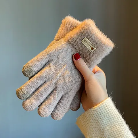 Gants Tricotés Tactiles Thermiques d'Hiver pour Femmes Double Couche Colorblock Doublés en Polaire Gants Chauds