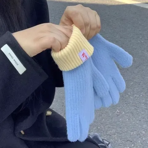 Gants Tricotés Chauds Tactiles d'Hiver pour Femmes Mode Bloc de Couleur Épais Gants Thermiques en Laine Antifroid