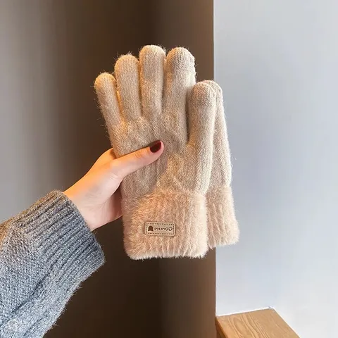 Women Winter Warm Touchscreen Gloves Thickened Double-Layer Colorblock Knitted Plush Cuff Casual Cold Weather Gloves