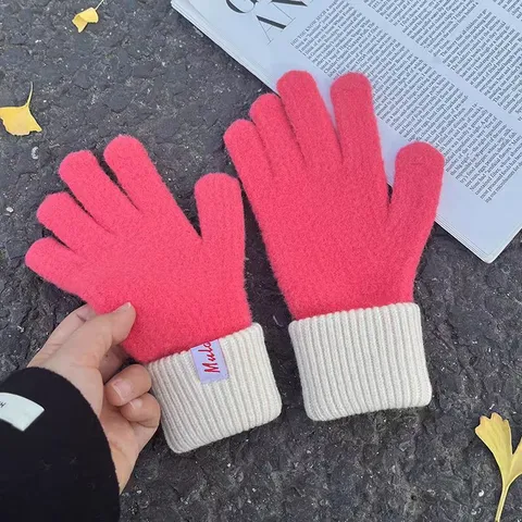 Gants Tricotés Chauds Tactiles d'Hiver pour Femmes Mode Bloc de Couleur Épais Gants Thermiques en Laine Antifroid