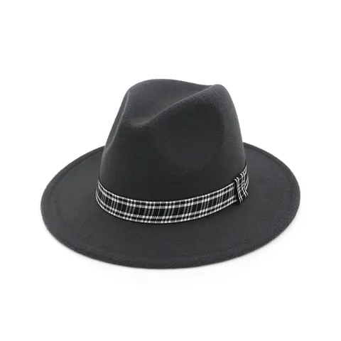 Sombrero Fedora de Fieltro de Lana Vintage para Mujer Ala Plana Retro Jazz Gorra Con Cinta a Cuadros Elegante Bombín de Invierno