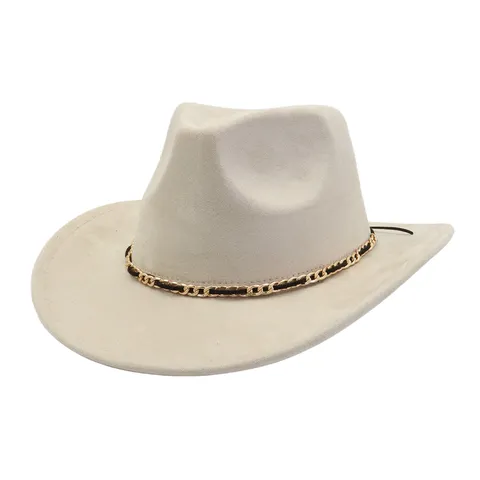 Unisex Western Suede Cowboy Hat Vintage Fedora Sun Hat With Metal Chain Decoration For Outdoor Casual Travel Fashion Hat