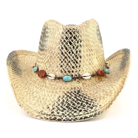 Chapeau de Cowboy Western en Paille de Raphia Fait Main Chapeau de Soleil de Plage Avec Bande de Chapeau en Perles de Coquillage Pour Hommes Femmes
