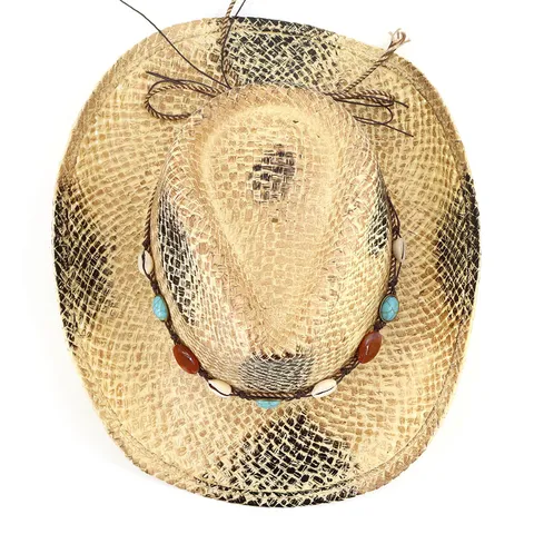 Chapeau de Cowboy Western en Paille de Raphia Fait Main Chapeau de Soleil de Plage Avec Bande de Chapeau en Perles de Coquillage Pour Hommes Femmes