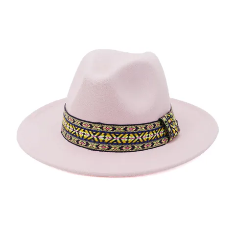 Unisex Wool Felt Fedora Hat Vintage Wide Flat Brim Jazz Cap With Ethnic Ribbon