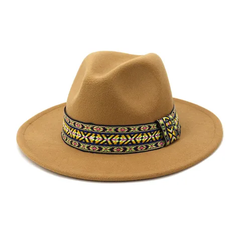 Unisex Wool Felt Fedora Hat Vintage Wide Flat Brim Jazz Cap With Ethnic Ribbon
