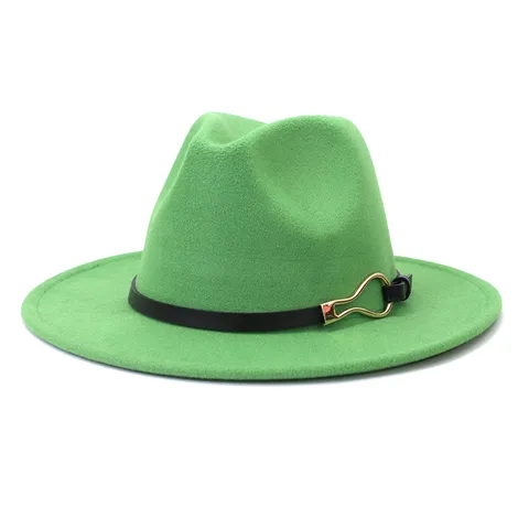 Women's Wool Felt Fedora Hat Flat Wide Brim Jazz Hat With Leather Belt Metal Buckle Autumn Winter Fashion Vintage Cloche Hat