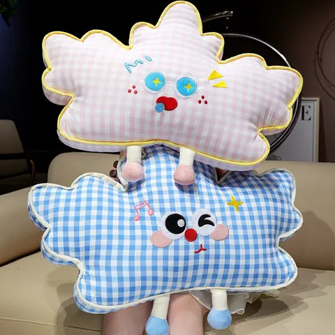 Almohada de Peluche en Forma de Nube de Cuadros Lindo Dibujos Animados Bordado Cojín de Cabecera Suave Respaldo de Silla de Oficina Cojín Decorativo