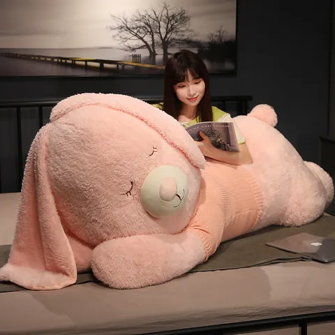 Giant Stuffed Rabbit Plush Toy With Cute Lying Bunny Design And Soft Sweater PP Cotton Filled Companion Pillow